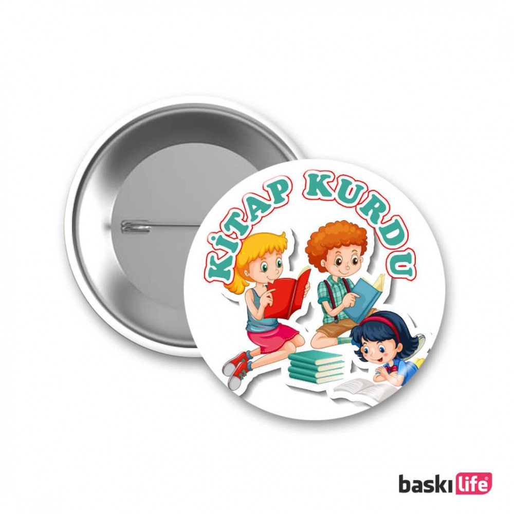 Kitap Kurdu İğneli Rozet Okul Temalı 58 mm - 1 Adet