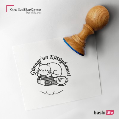 Kahve Kitap Kedi Kişiye Özel Kitap Kaşesi,Kitap Damgası,Kitap Mührü