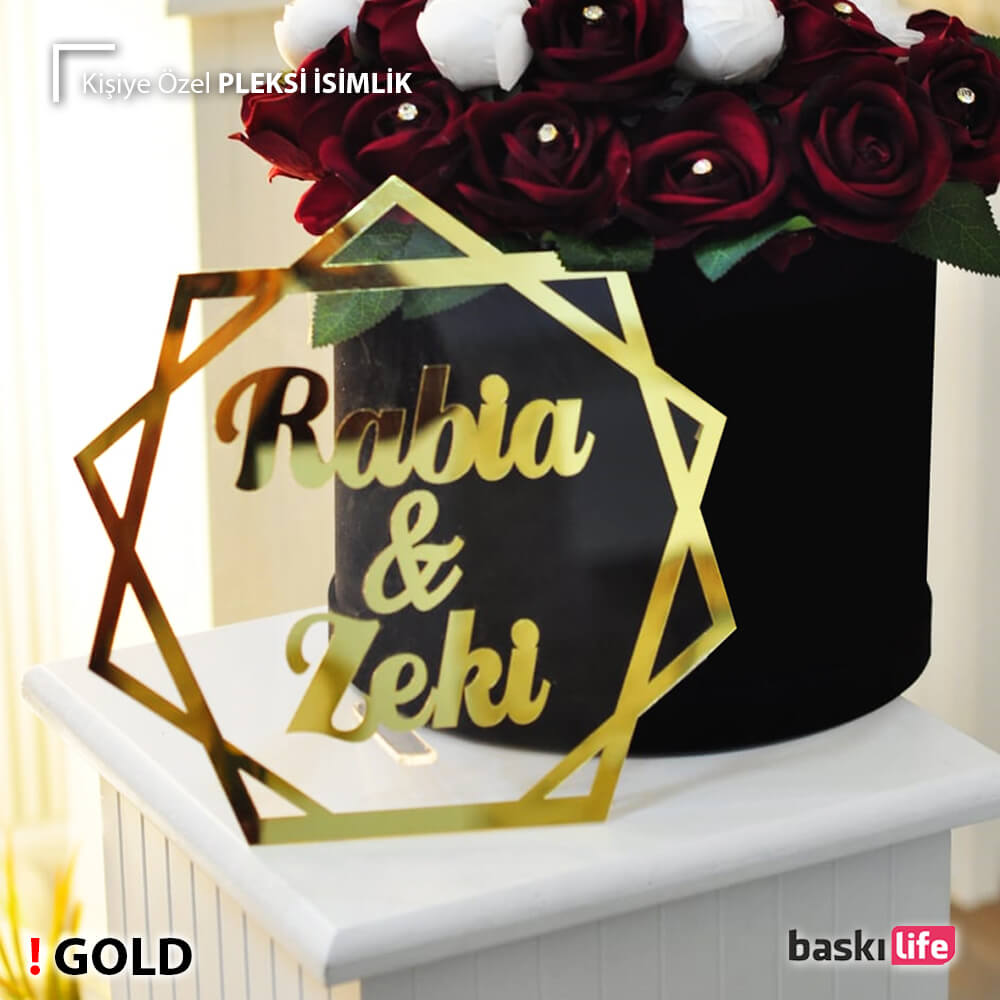 Kişiye Özel Altıgen Masaüstü Pleksi Nişan Düğün Söz İsteme İsimlik GOLD