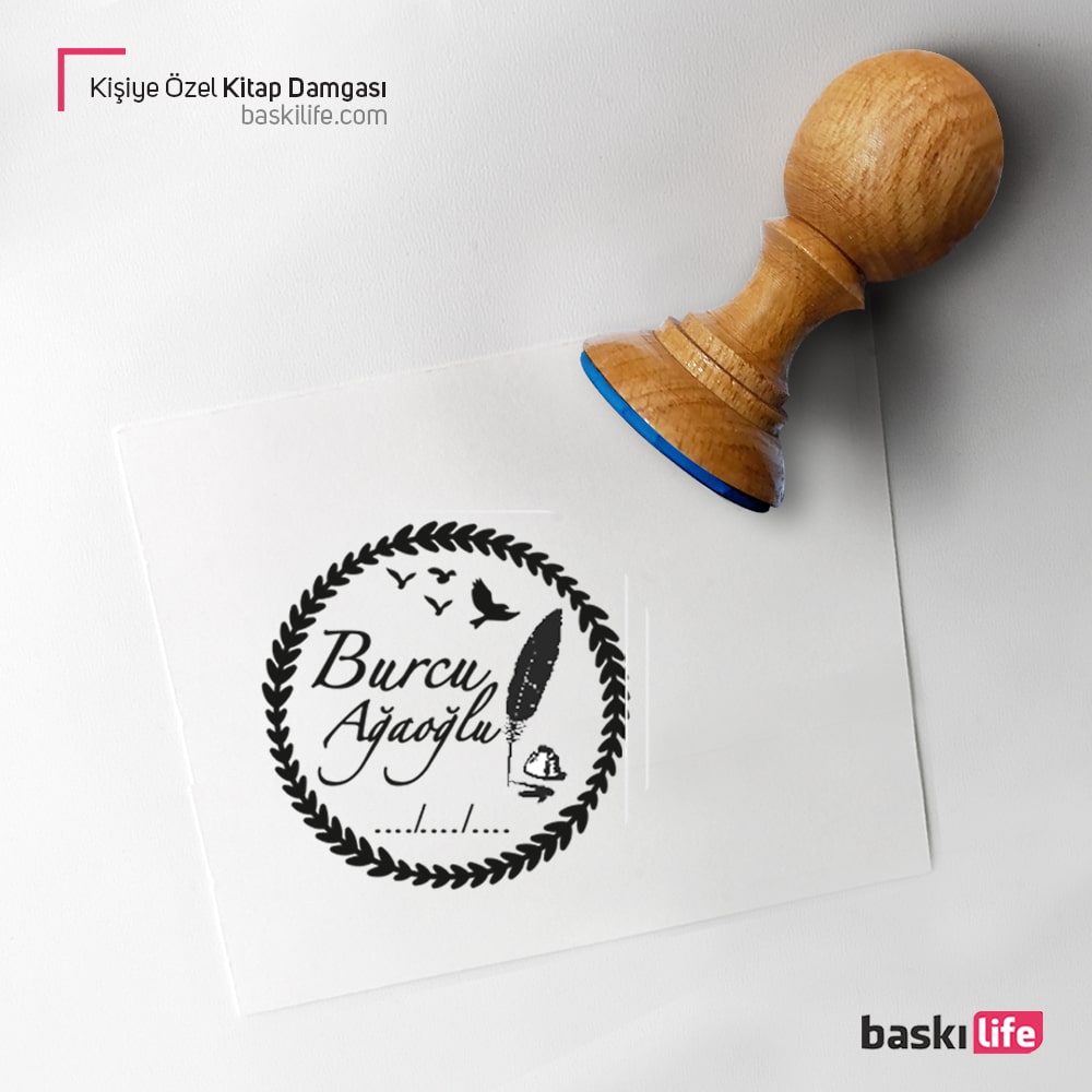 Kuş Tüyü Çerçeveli Kişiye Özel Kitap Kaşesi, Kitap Damgası, Kitap Mührü