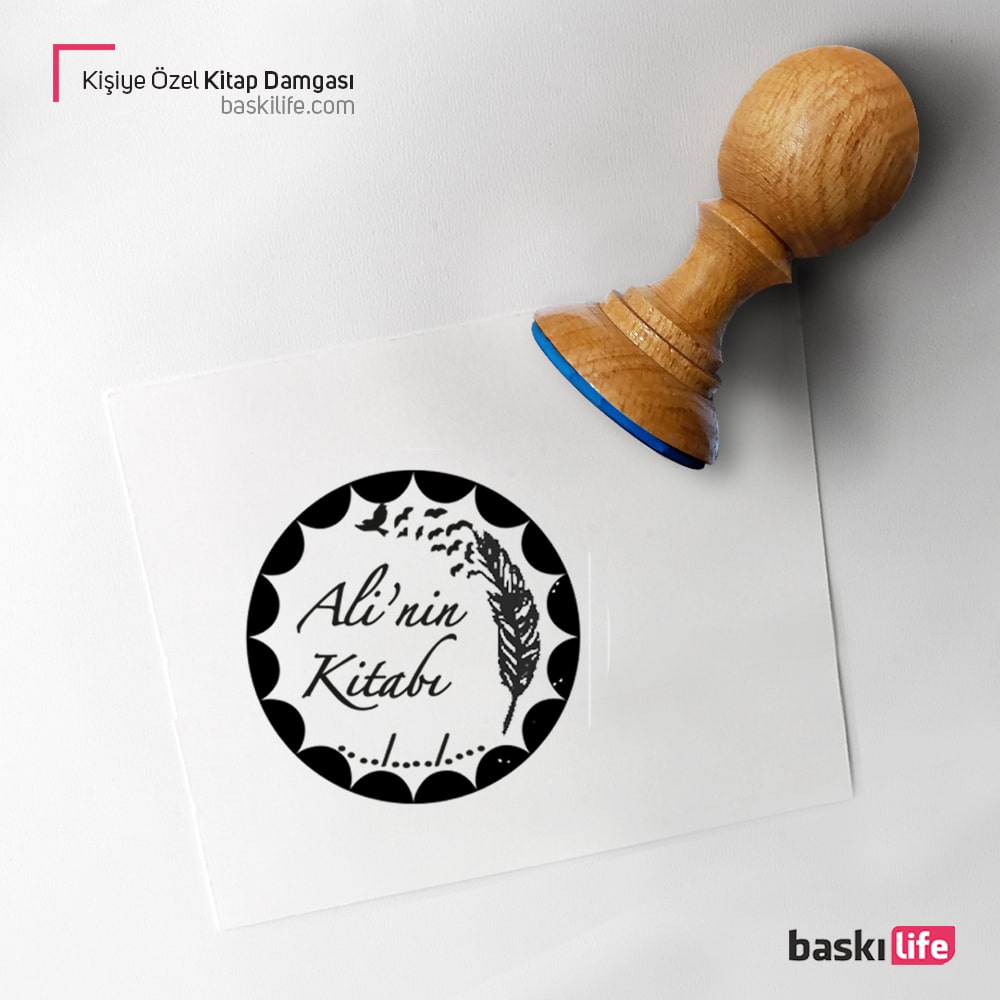 Çerçeveli Kuş Tüyü Kişiye Özel Kitap Kaşesi, Kitap Damgası, Kitap Mührü