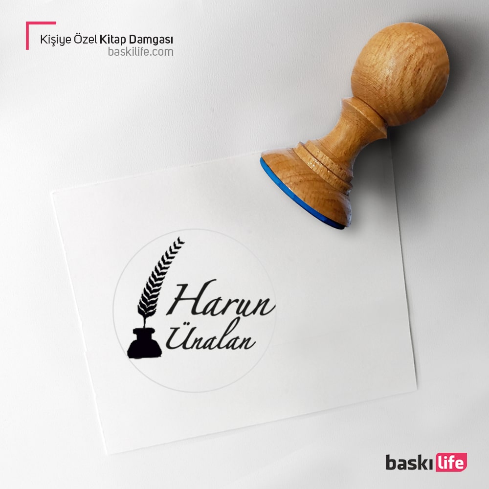 Mürekkepli Kuş Tüylü Kişiye Özel Kitap Kaşesi, Kitap Damgası, Kitap Mührü