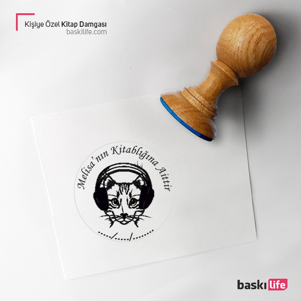 Müzik Dinleyen Kedi Kişiye Özel Kitap Kaşesi, Kitap Damgası, Kitap Mührü