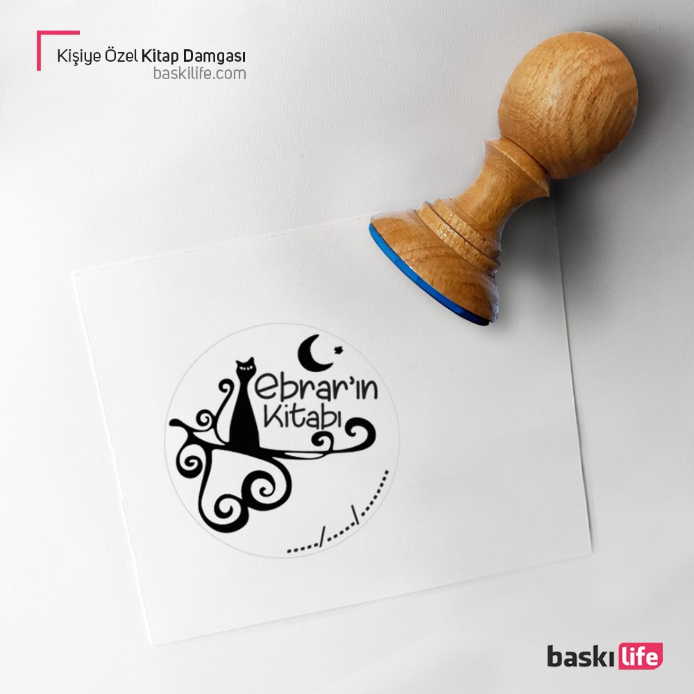 Kedi Ay Yıldız Kişiye Özel Kitap Kaşesi, Kitap Damgası, Kitap Mührü 1