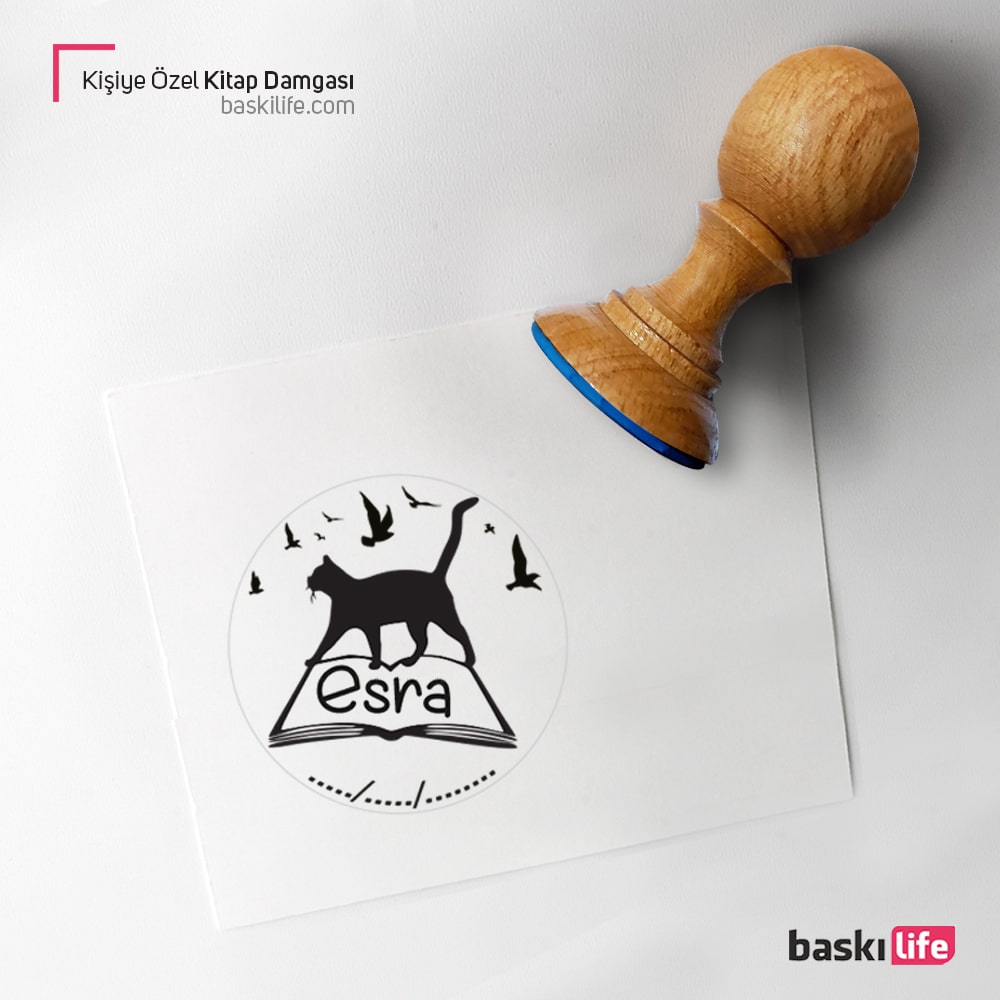 Kedi Kitap Kuşlar Kişiye Özel Kitap Kaşesi, Kitap Damgası, Kitap Mührü 1