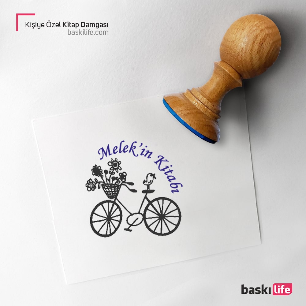 Kişiye Özel Çiçek Bisiklet Kitap Kaşesi, Kitap Damgası, Kitap Mührü   Kişiye Özel Çiçek Bisiklet Kitap Kaşesi, Kitap Damgası, Kitap Mührü
