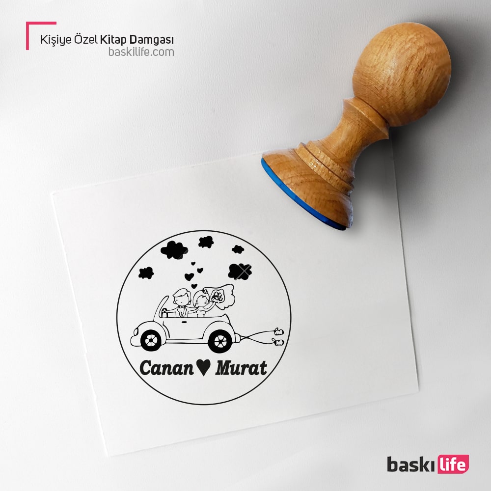Araba Gelin Damat Kişiye Özel Kitap Kaşesi, Kitap Damgası, Kitap Mührü 53